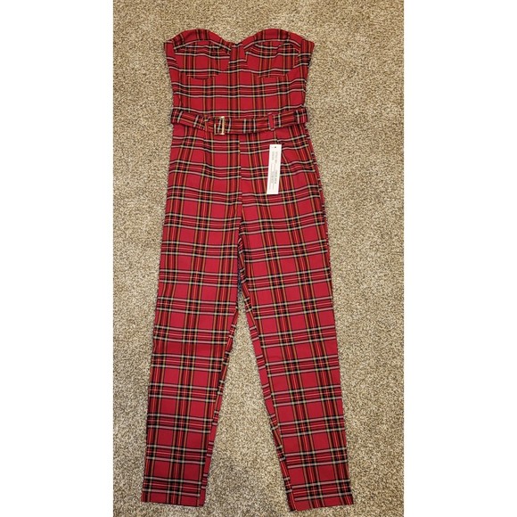 Pants - Women's sleeveless catsuit bodysuit L red plaid school uniform